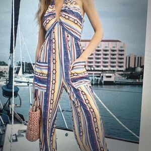 Boho striped plunging halter neck jumpsuit